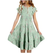 Girls Dresses Flutter Sleeve A-Line Sundress Casual Summer Tiered Swing Midi Pocket Dress Green for 12-13 Years